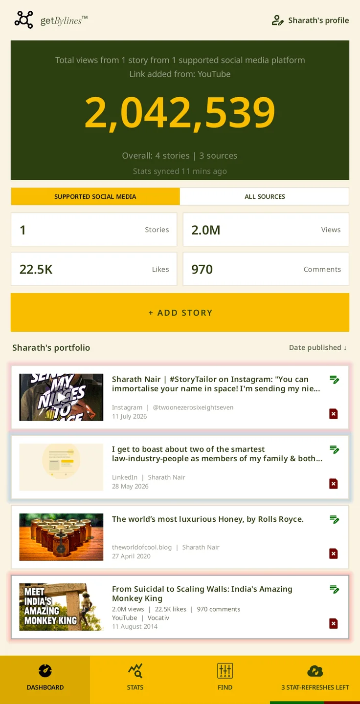 Screenshot of the getBylines app dashboard, showing a creator's total view count and a portfolio list of saved entries from Instagram, LinkedIn, a blog, and YouTube, each with its title, source, and publish date